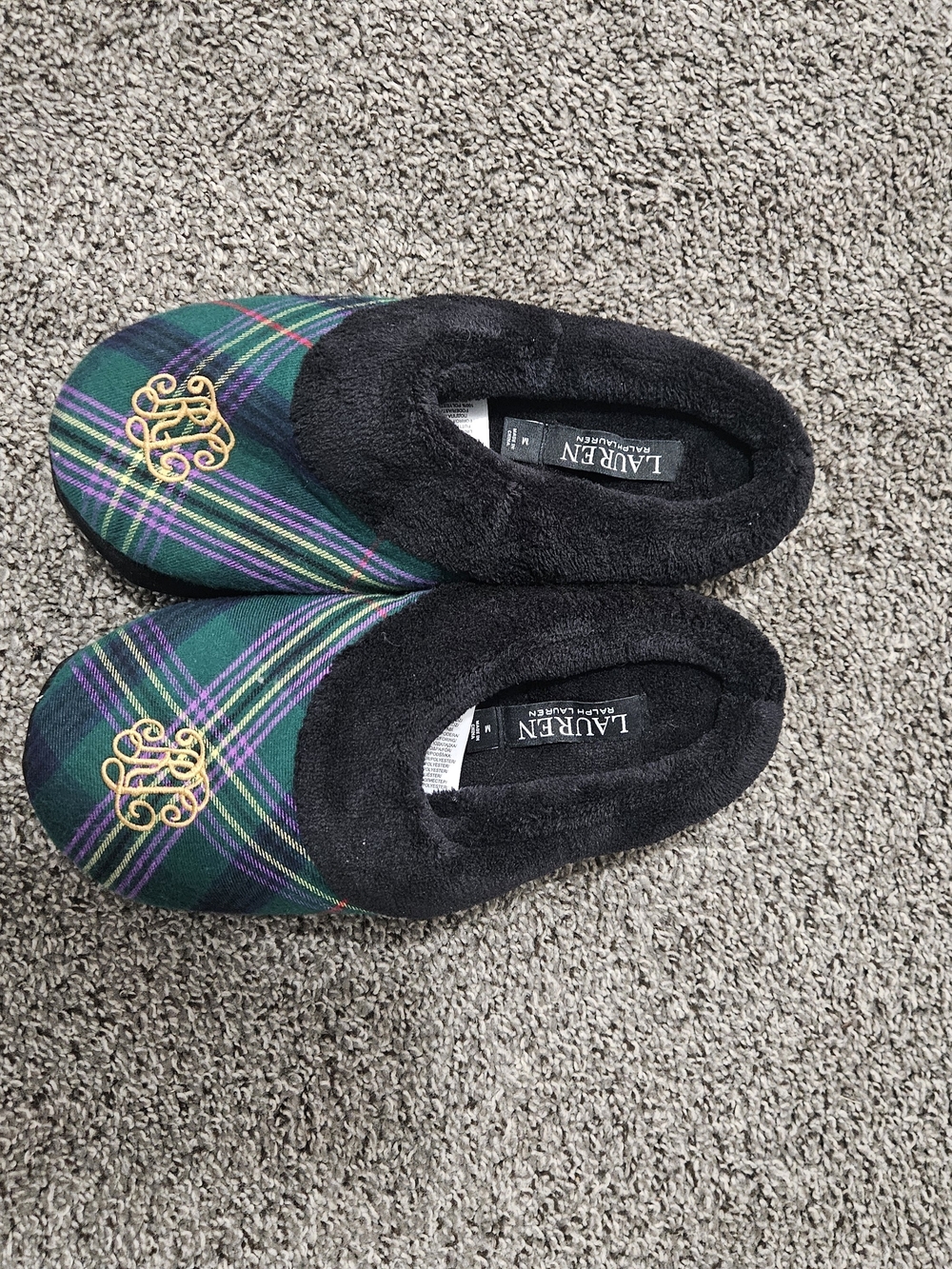 Lauren Ralph Lauren Plaid Monogram Slippers in Green & Black Medium (7-8)
